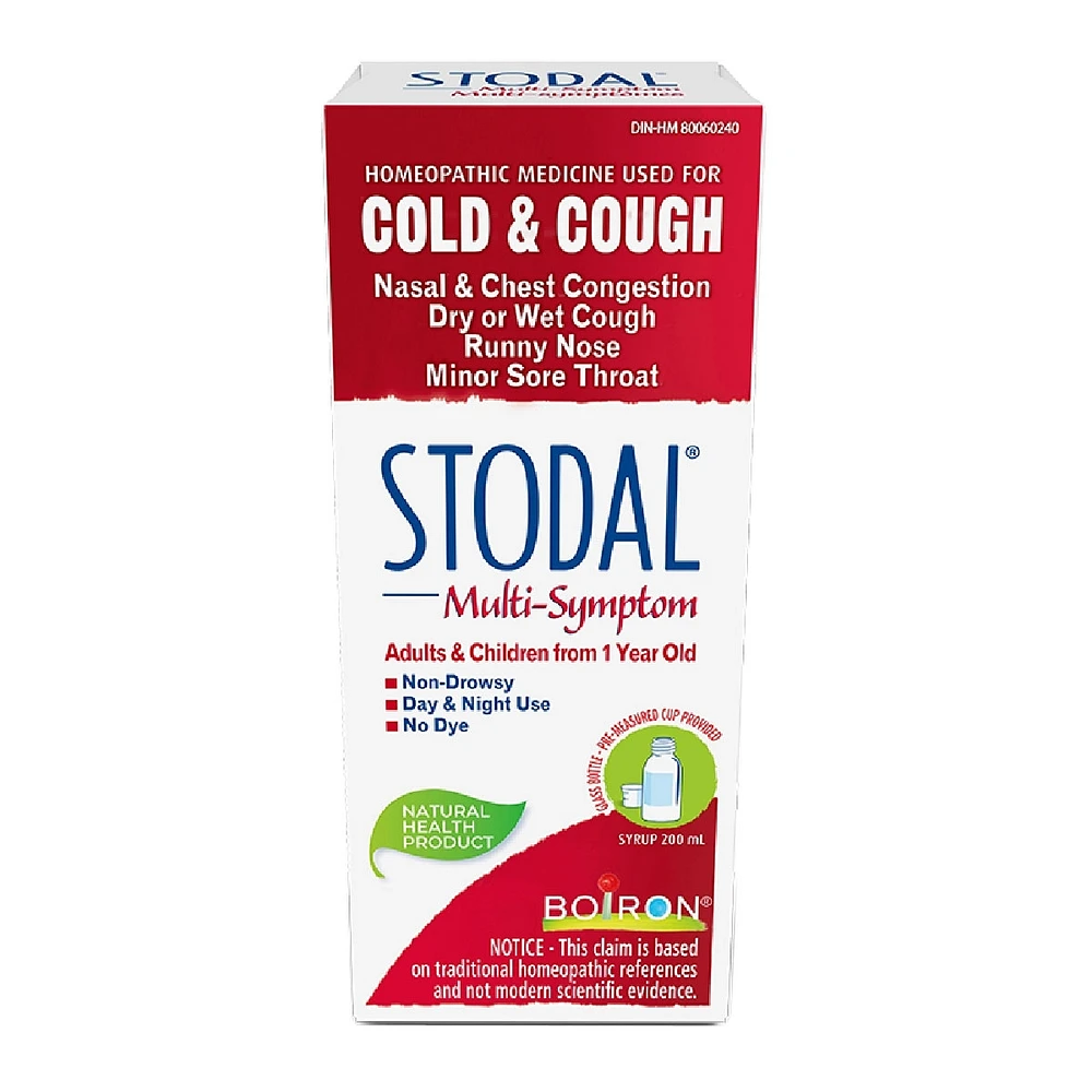 Stodal Multi-symptômes pour la congestion nasale et bronchique, écoulement nasal, toux sèche ou grasse et mal de gorge mineur.