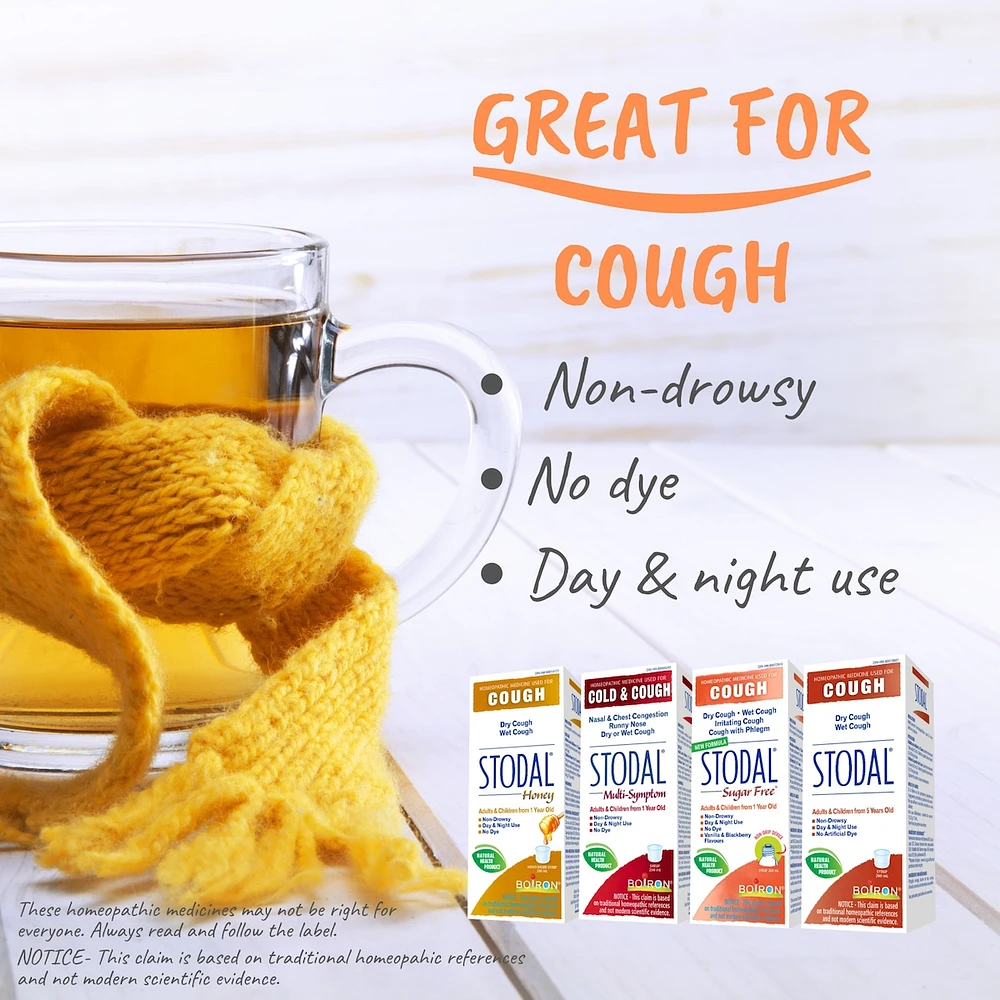 Stodal Multi-symptômes pour la congestion nasale et bronchique, écoulement nasal, toux sèche ou grasse et mal de gorge mineur.