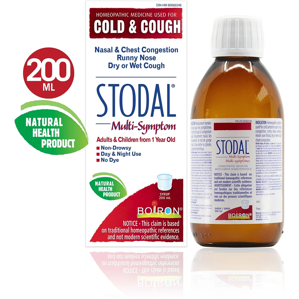 Stodal Multi-symptômes pour la congestion nasale et bronchique, écoulement nasal, toux sèche ou grasse et mal de gorge mineur.