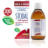 Stodal Multi-symptômes pour la congestion nasale et bronchique, écoulement nasal, toux sèche ou grasse et mal de gorge mineur.