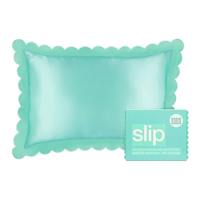 slip pure silk queen pillowcase with scalloped edge - turquoise
