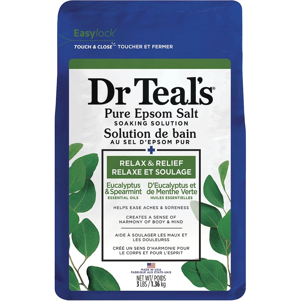 Solution de bain au sel d'epsom pur, Relaxe et Soulage d'Eucalyptus et de Menthe Verte Huiles Essentielles