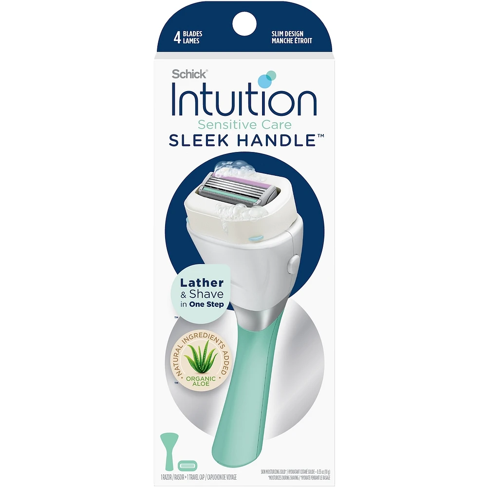 Rasoir Sleek Handle pour peau sensible avec manche étroit et 1 cartouche de lames de marque Schick Intuition