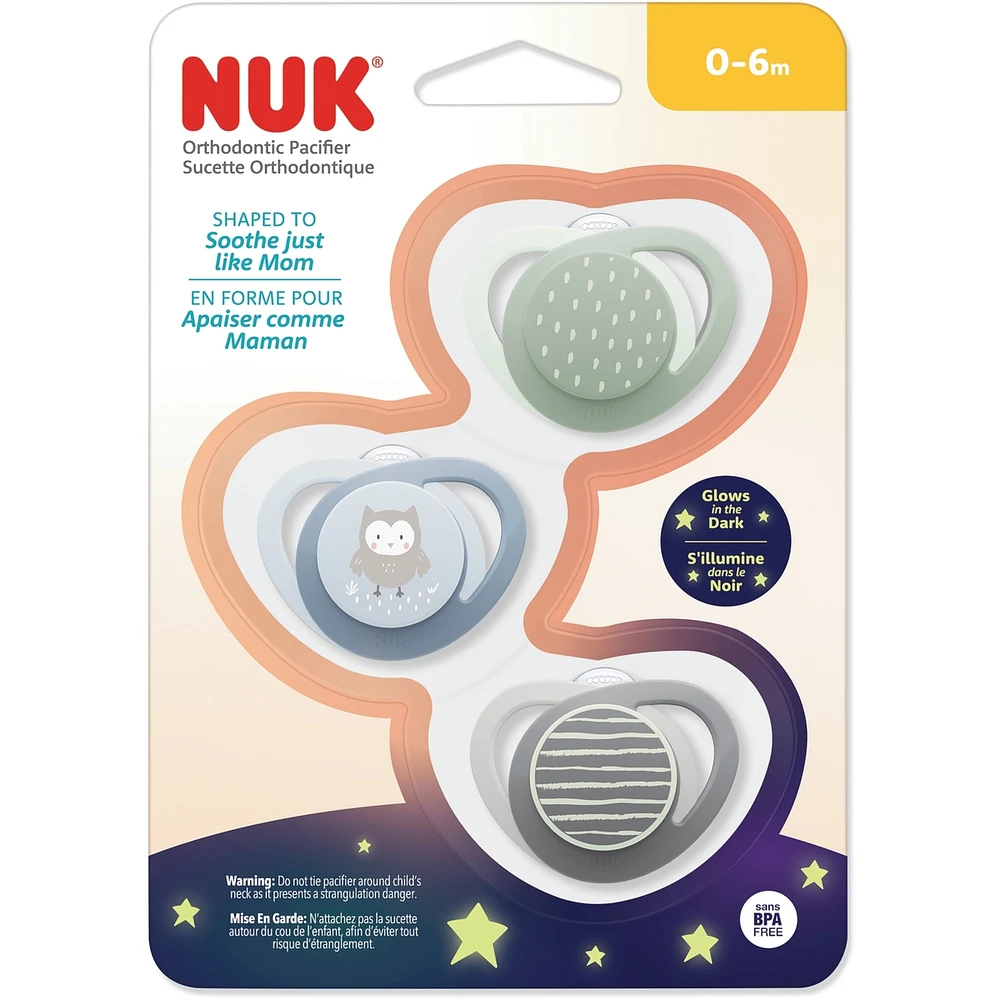 Sucette orthodontique NUK, 0 à 6 mois, hibou bleu, 3 pièces