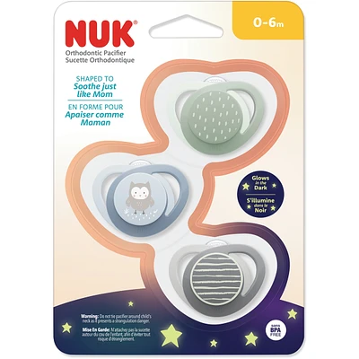 Sucette orthodontique NUK, 0 à 6 mois, hibou bleu, 3 pièces