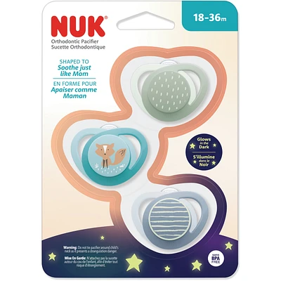Sucette orthodontique NUK, 18 à 36 mois, renard bleu sarcelle, 3 pièces