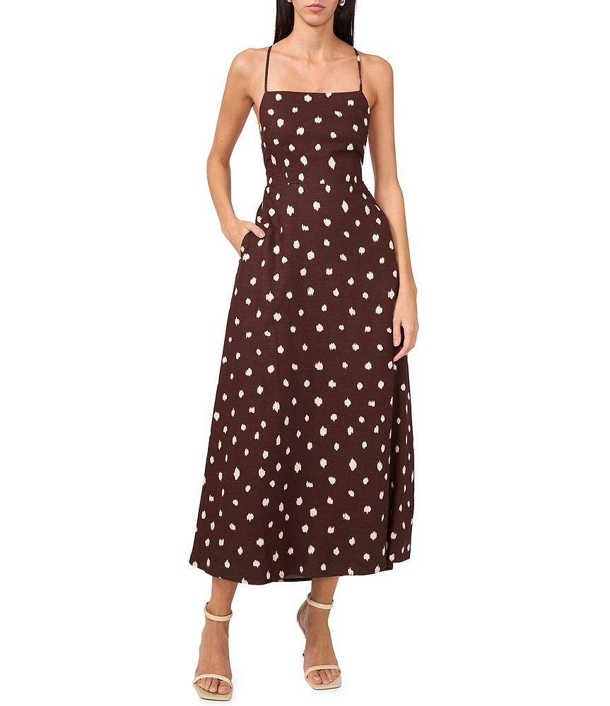 1. STATE Dotted Square Neckline Sleeveless Tie Back Maxi Dress