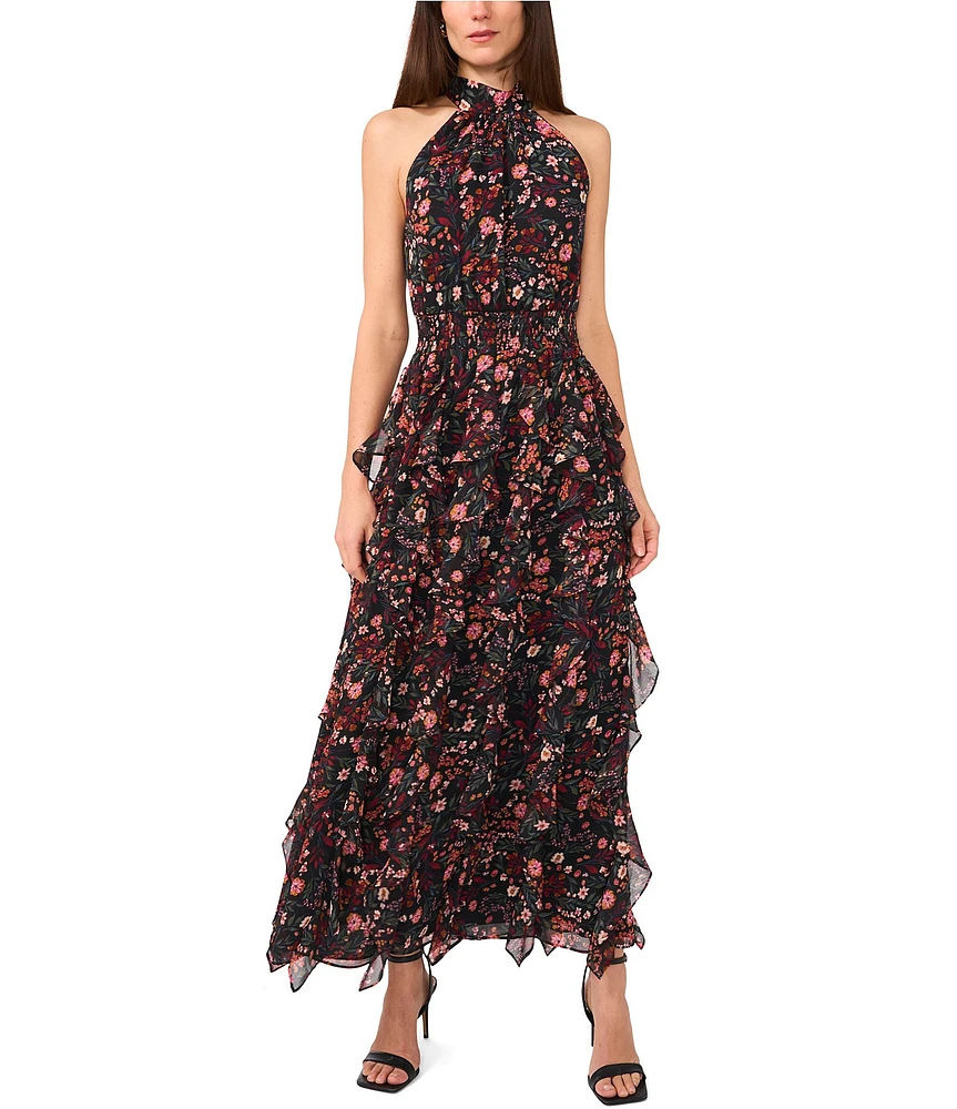 1. STATE Floral Print Halter Neck Sleeveless Tiered Ruffle Maxi A-Line Maxi Dress