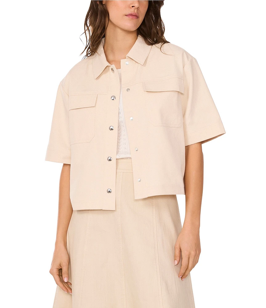1. STATE Linen Blend Point Collar Short Sleeve Button Front Cropped Jacket