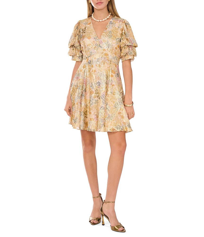 1. STATE Paisley Short Tiered Bubble Sleeve V Neckline Dress