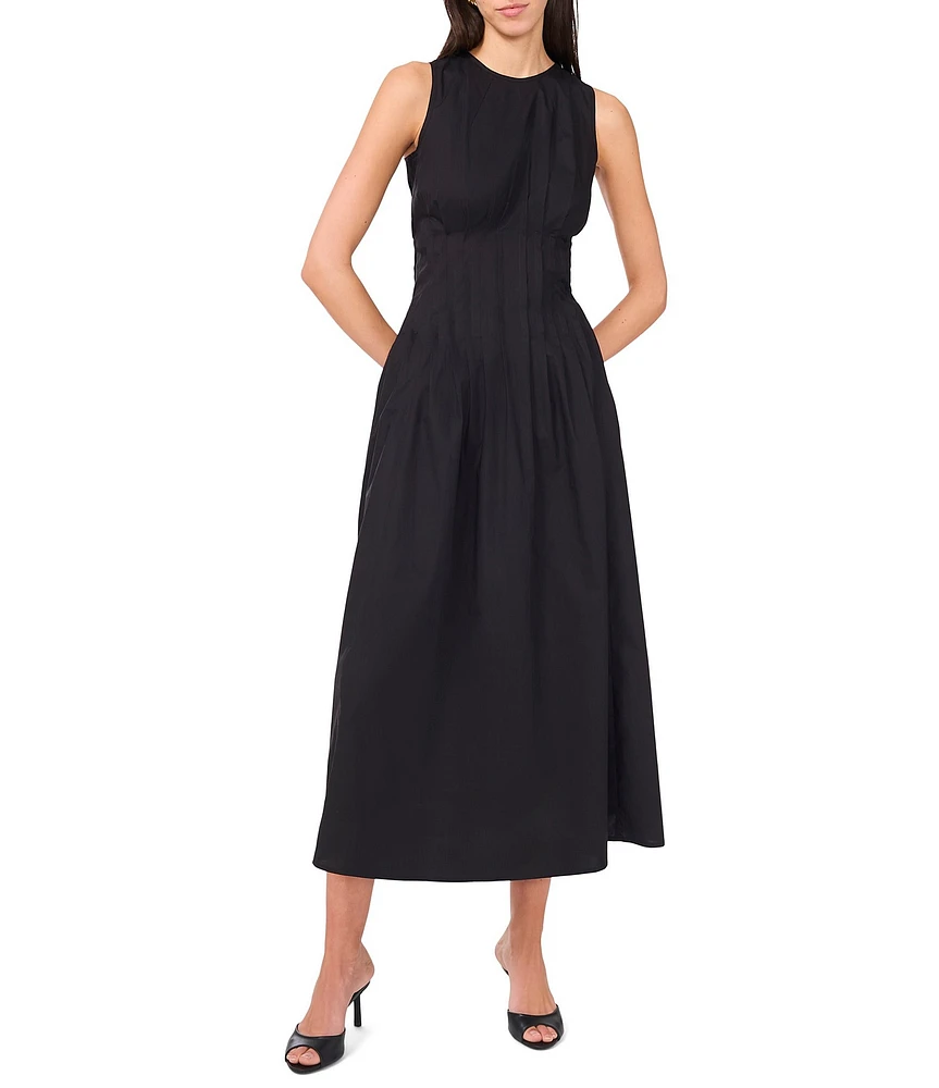 1. STATE Poplin Crew Neckline Sleeveless Pintuck Midi Fit And Flare Midi Dress