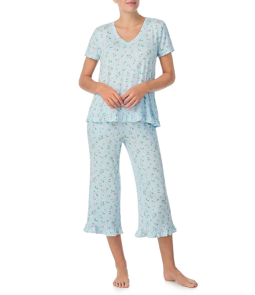 40 Winks Short Sleeve Tee & Cropped Pant Jersey Knit Ditsy Floral Print Pajama Set