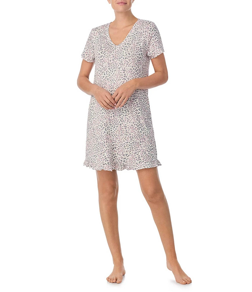 40 Winks Short Sleeve V-Neck Jersey Knit Animal Print Ruffled Nightshirt