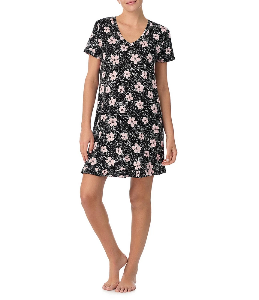 40 Winks Short Sleeve V-Neck Jersey Knit Floral Print Ruffled Nightshirt