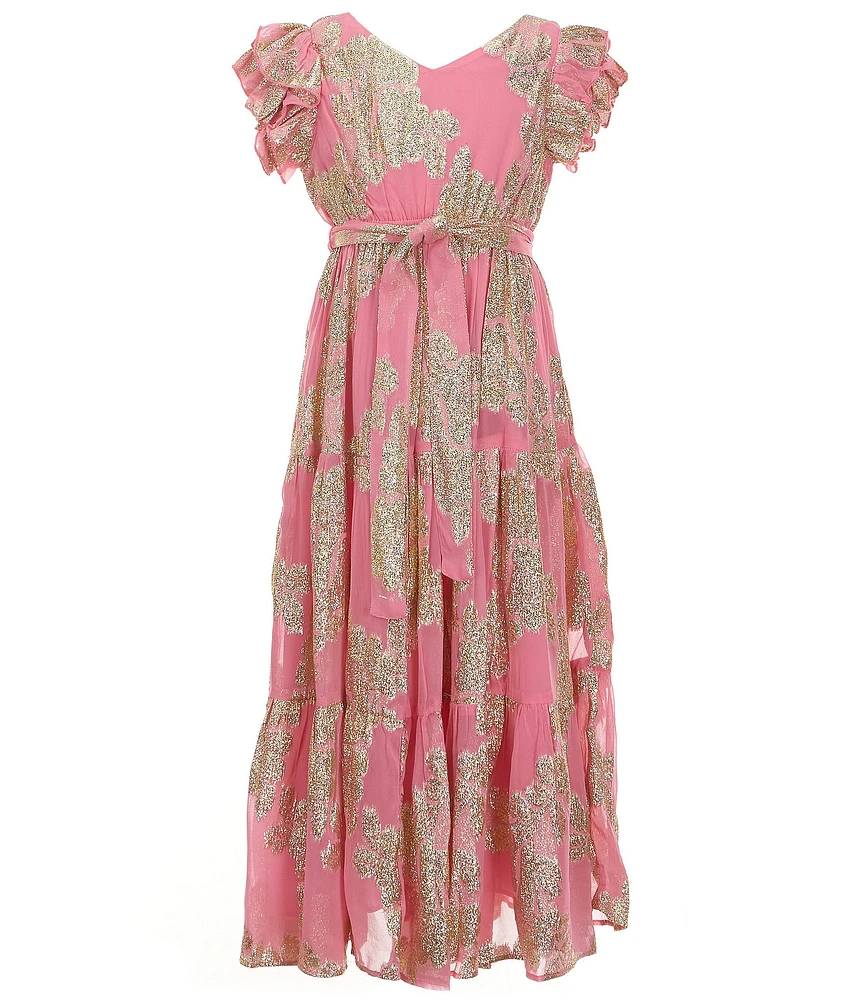 A Loves A Big Girls Ruffle Cap Sleeve Lurex Jacquard Dress