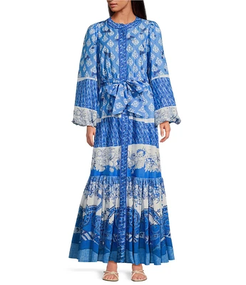 A Loves A Border Print Mandarin Collar Long Balloon Sleeve Button Front Tie at Waist A-Line Flounce Maxi Dress