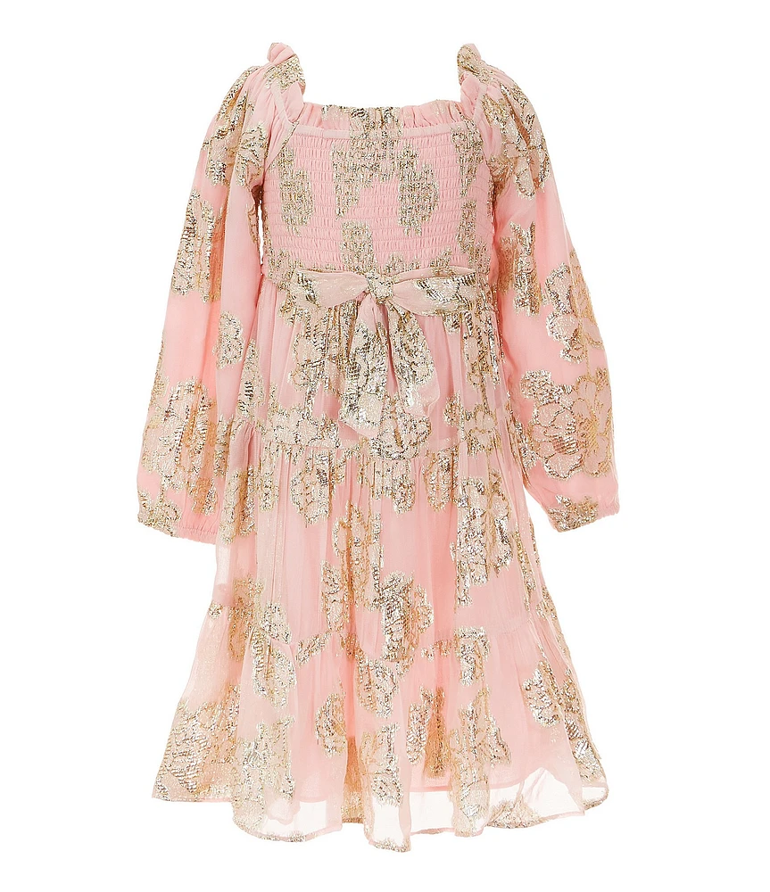 A Loves A Little Girls Long Sleeve Tiered Floral Lurex Midi Dress