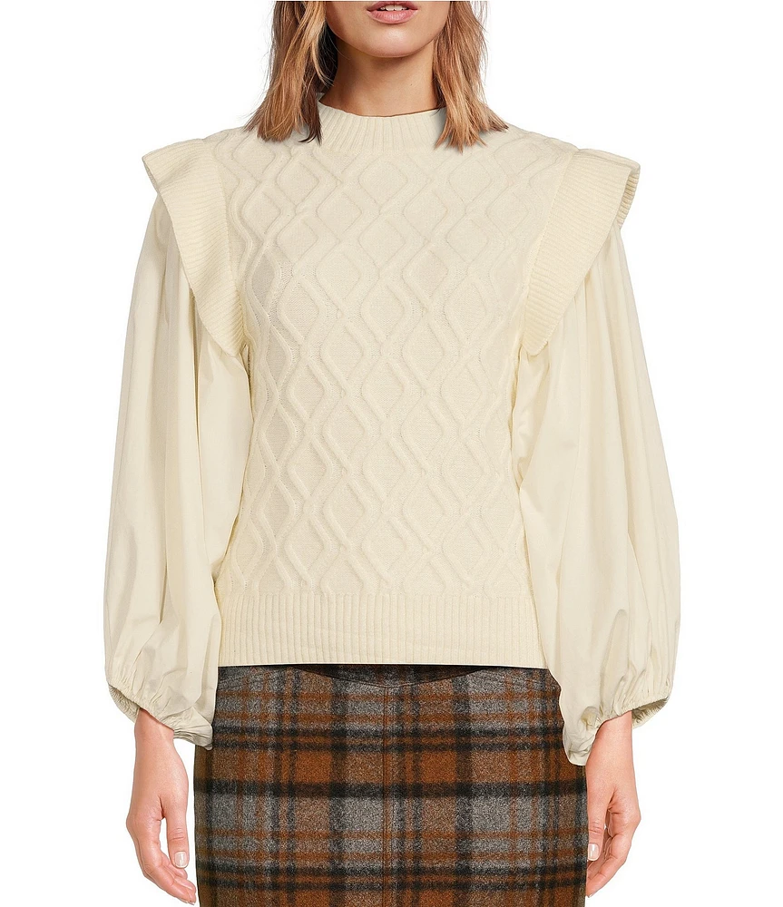 A Loves A Long Puff Sleeve Round Neck Mixed Media Sweater
