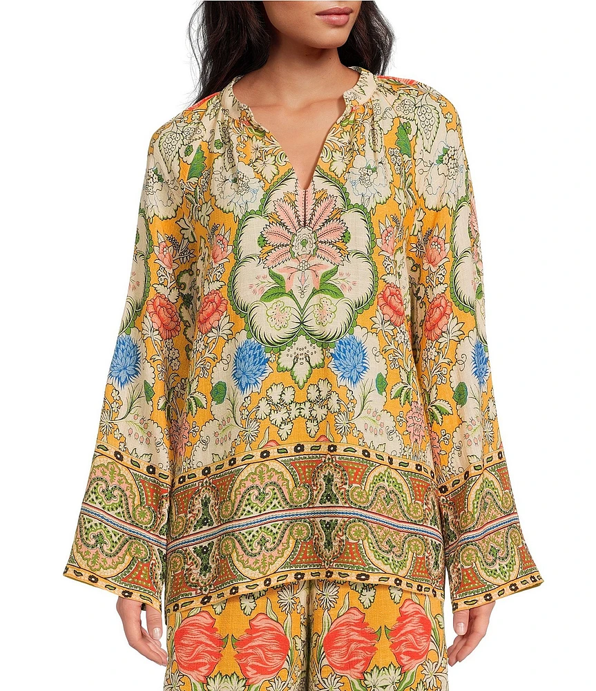 A Loves A Woven Floral Print Split Round Neck Long Bell Sleeve Coordinating Blouse
