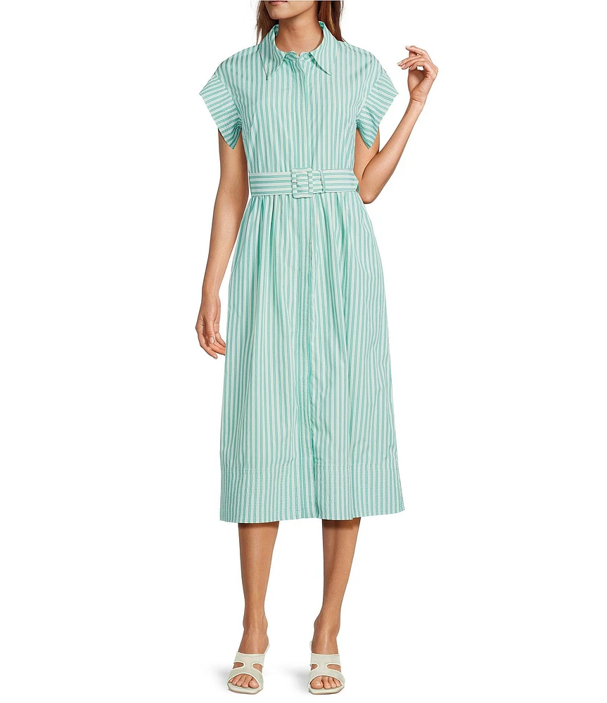 Abbey Glass Harper Stripe Print Button Down Collar Short Sleeve Poplin Midi Dress