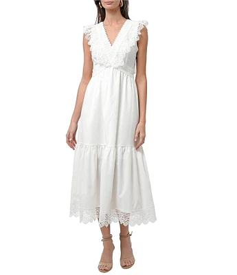 Adelyn Rae Adaline Lace Woven V Neck Sleeveless A-line Midi Dress