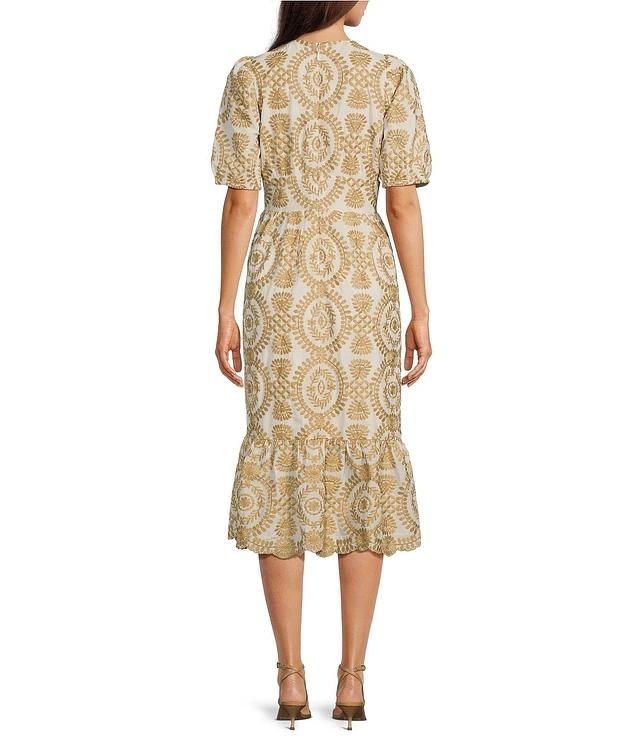 Adelyn Rae Eyelet Embroidered Puff Short Sleeve V-Neck Midi Dress at  Hamilton Place in Chattanooga, TN