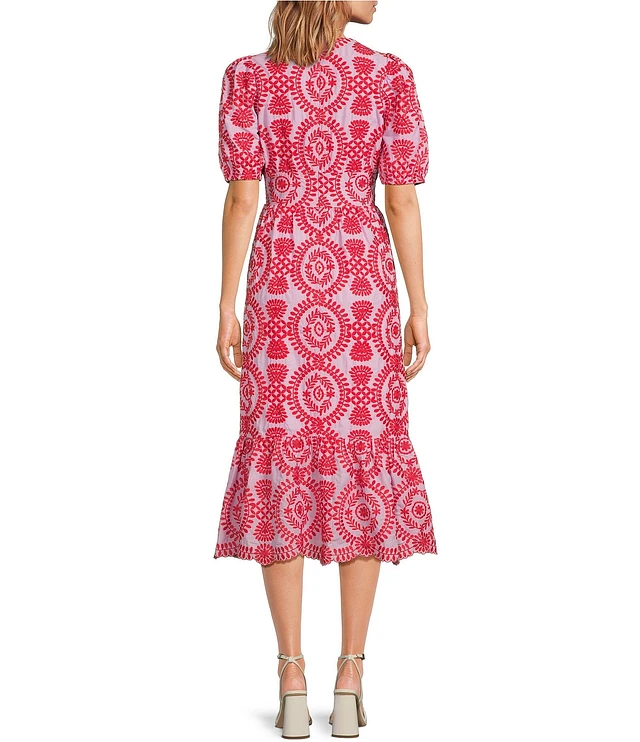 Compare Adelyn Rae Eyelet Embroidered Puff Short Sleeve V-Neck Midi Dress |  Hamilton Place
