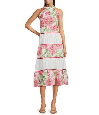 Adelyn Rae Haven Embroidered Floral Print Halter Neck Sleeveless Contrast Trim Midi Dress