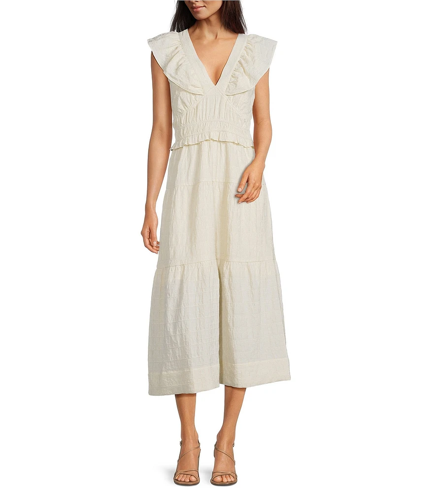 Adelyn Rae Jina Textured Woven V-Neck Sleeveless Ruffle A-Line Midi Dress