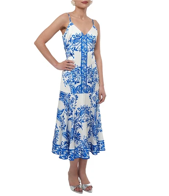 Adelyn Rae Rhegan Satin Floral Print V Neck Sleeveless Slip Midi Dress