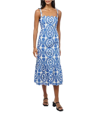 Adelyn Rae Shanna Embroidered Abstract Print Square Neck Sleeveless Fit and Flare Midi Dress