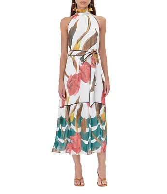 Adelyn Rae Woven Floral Print Halter Neck Sleeveless Belted Waist Tie Blouson Midi Dress