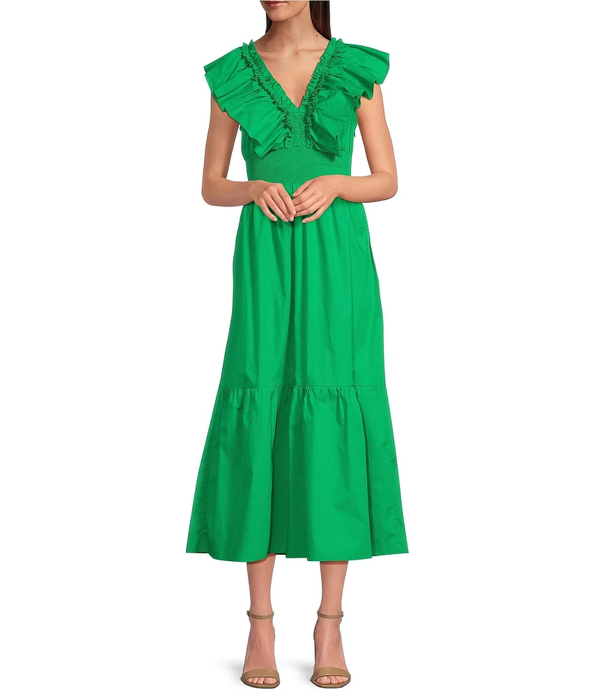 Adrianna by Adrianna Papell Ruffle V-Neck Smocked Waist Sleeveless Midi Dress