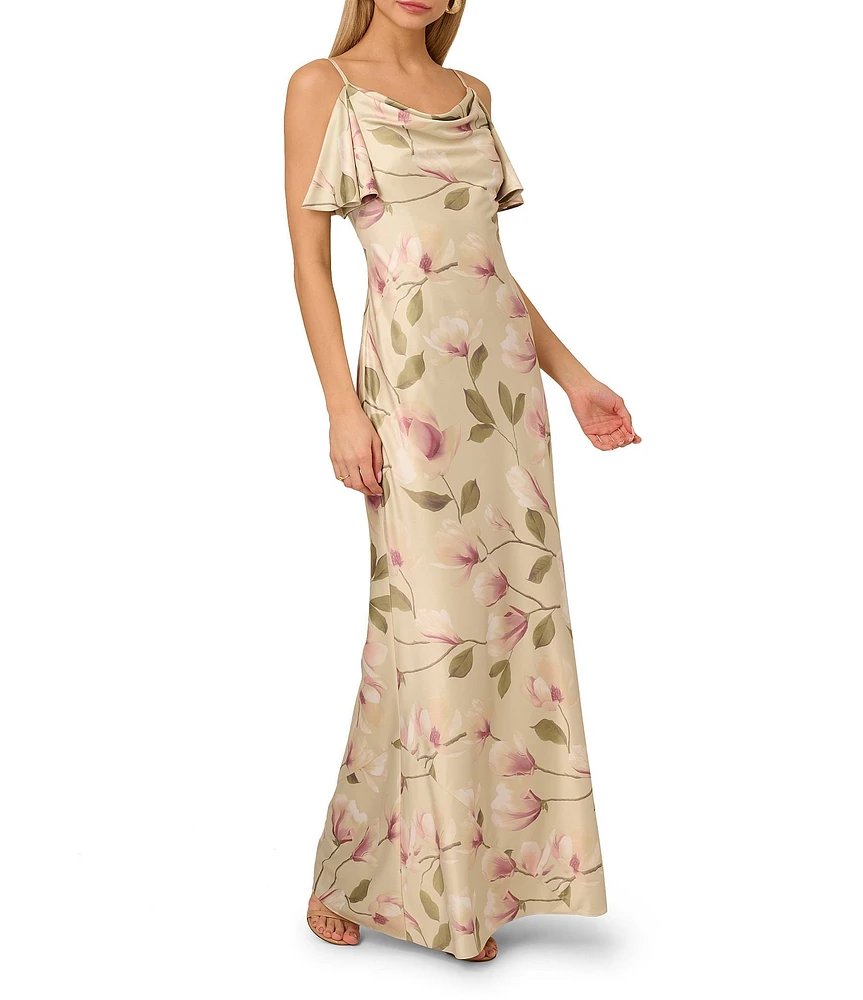 Adrianna by Adrianna Papell Satin Floral Print Cowl Neck Sleeveless Long Dress