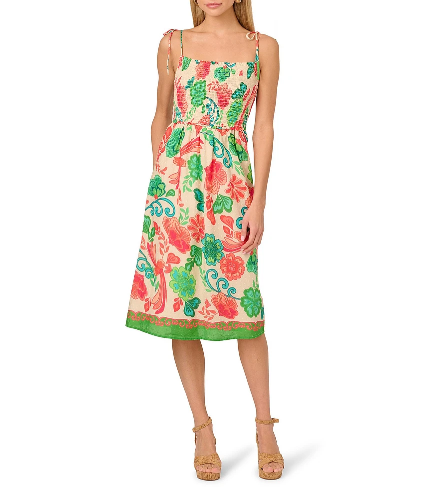 Adrianna by Adrianna Papell Smocked Floral Print Square Neck A-Line Knee Length Dress