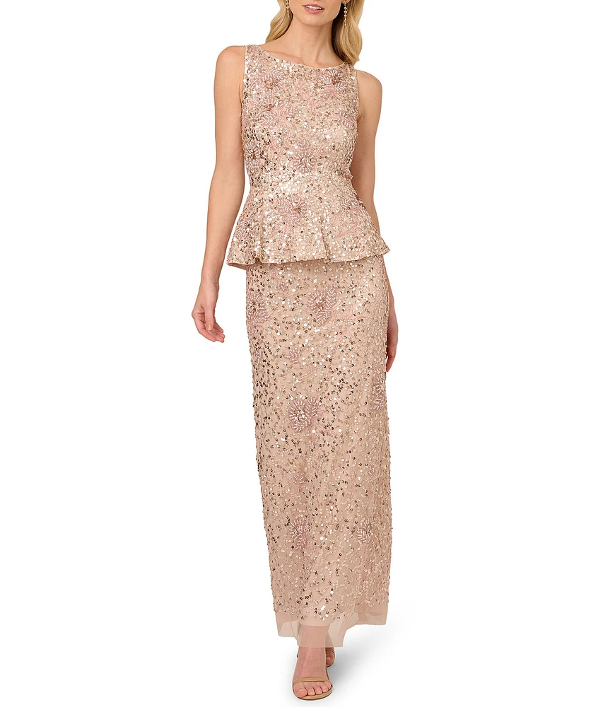 Adrianna Papell Beaded Mesh Boat Neck Sleeveless Peplum Gown
