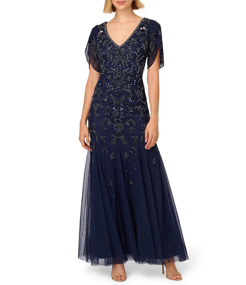 Adrianna Papell Beaded V-Neck 3/4 Petal Sleeve Mermaid Gown