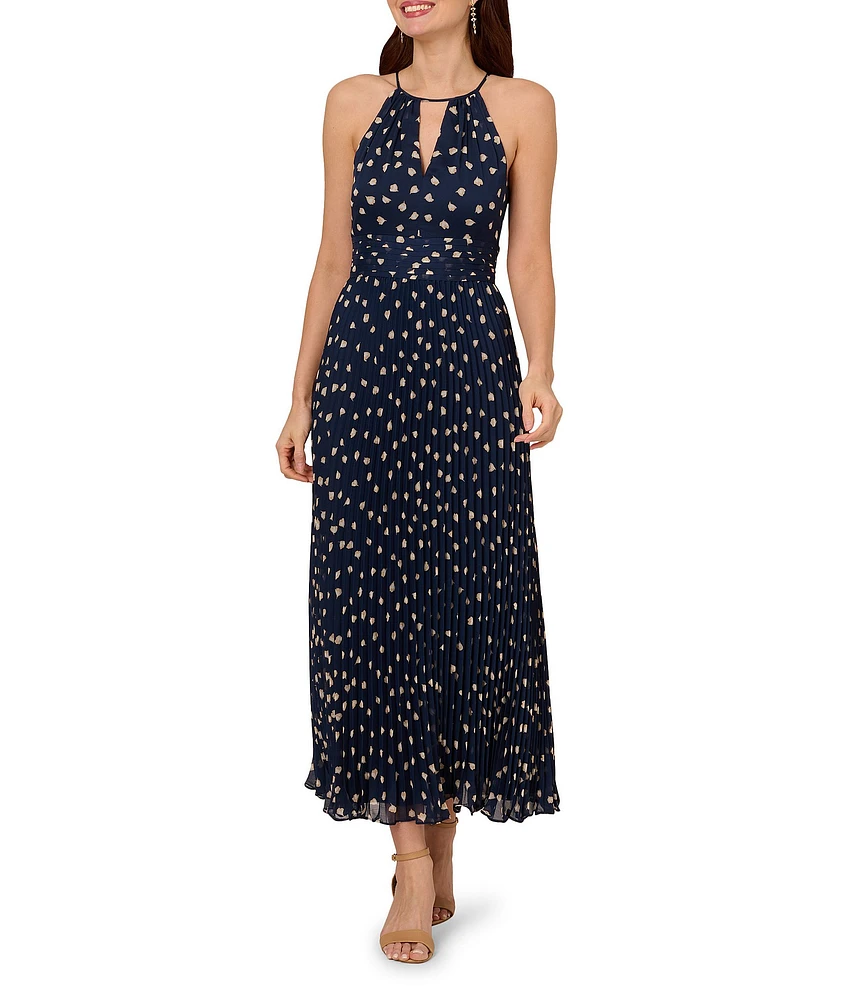 Adrianna Papell Chiffon Dotted Print Keyhole Halter Neck Sleeveless A-Line Maxi Dress