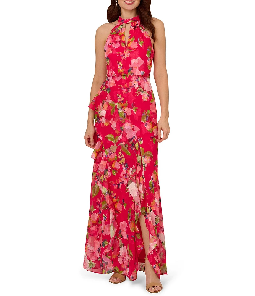 Adrianna Papell Chiffon Floral Print Halter Neck Sleeveless Ruffle Blouson Gown