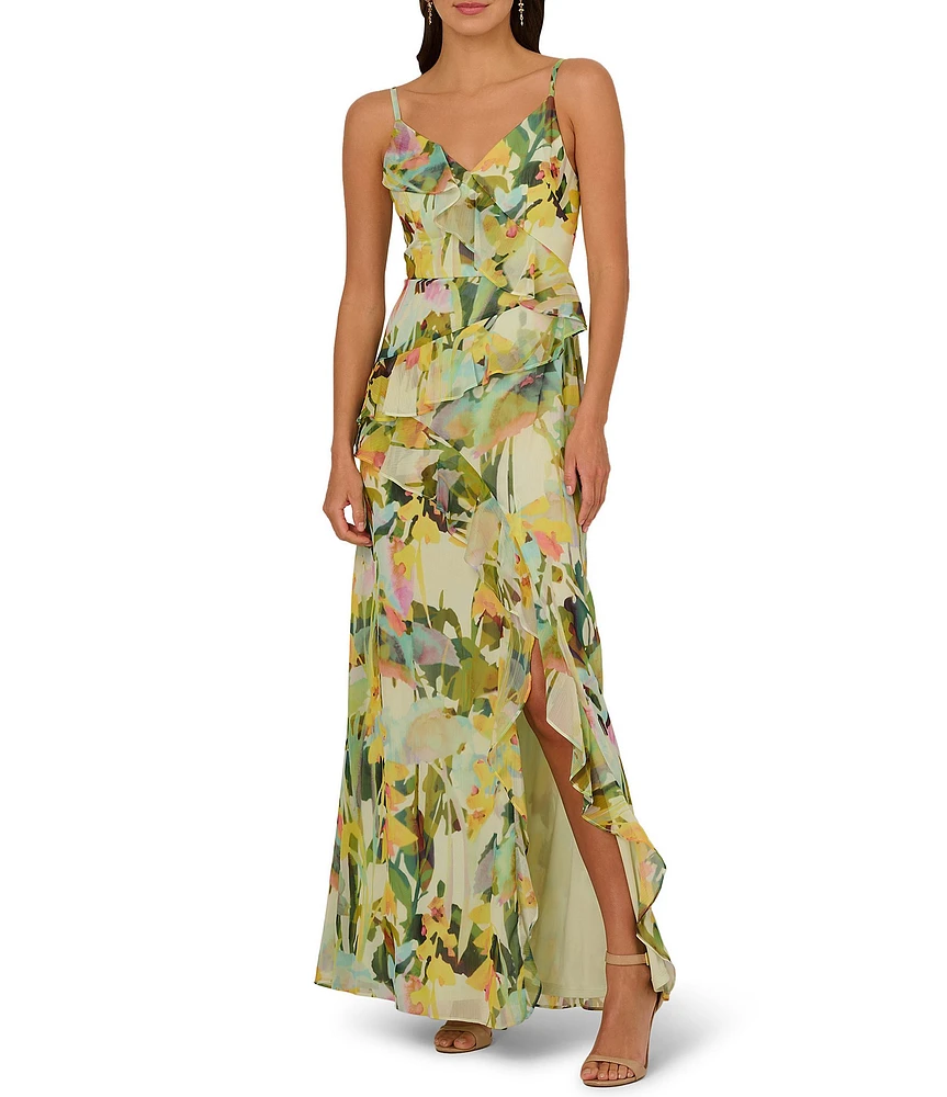 Adrianna Papell Chiffon Floral Print Ruffle V-Neck Sleeveless Ruffle Fit and Flare Gown