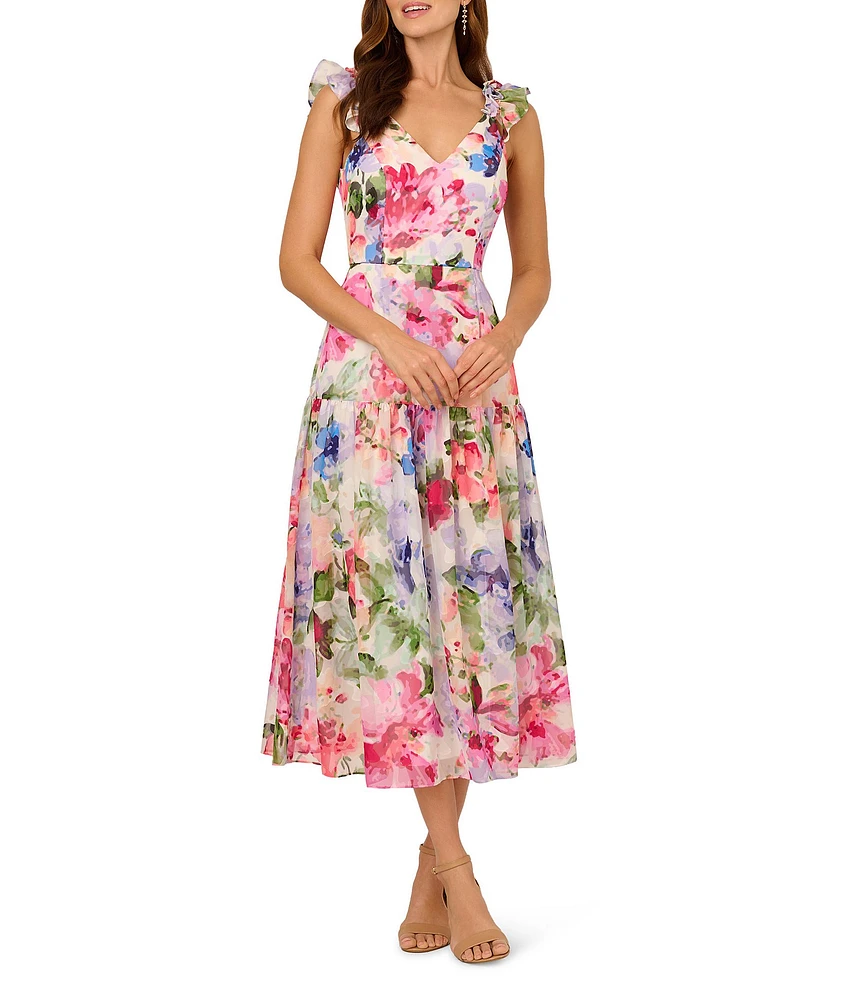 Adrianna Papell Chiffon Floral Print V Neck Sleeveless A-Line Midi Dress