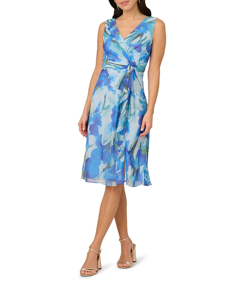 Adrianna Papell Chiffon Floral Print V Neck Sleeveless Front Drape A-Line Midi Dress