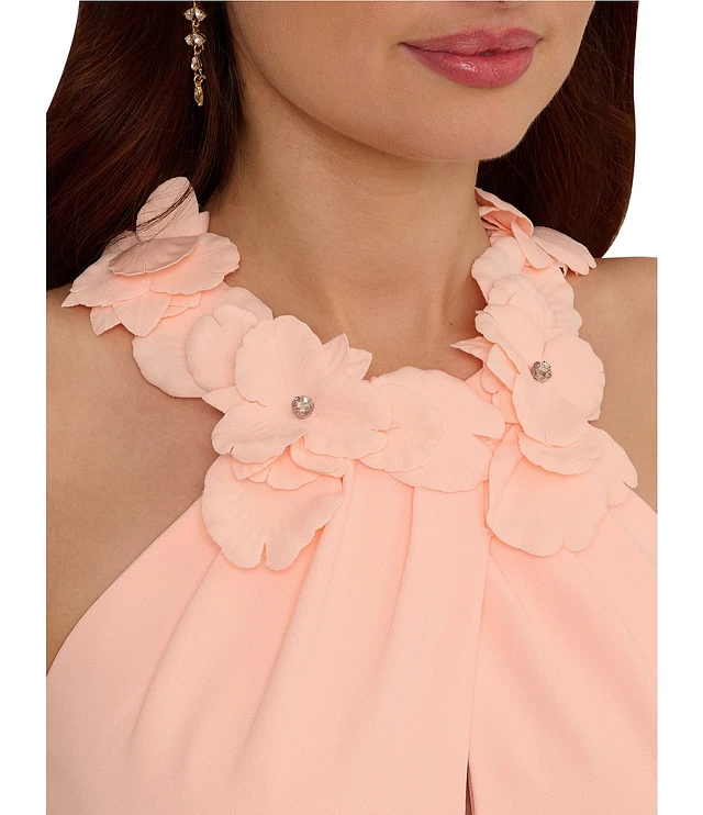 Adrianna Papell Crepe Halter Neck Sleeveless Rosette Mermaid Gown | Liberty Center Adrianna Papell Crepe Halter Neck Sleeveless Rosette Mermaid Gown | Liberty Center