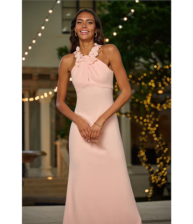 Adrianna Papell Crepe Halter Neck Sleeveless Rosette Mermaid Gown | Liberty  Center