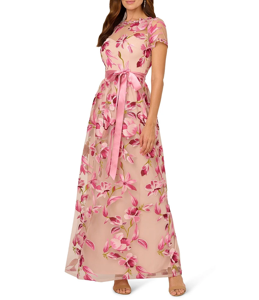 Adrianna Papell Embroidered Floral Print Crew Neck Short Sleeve Belted Waist Tie A-Line Gown