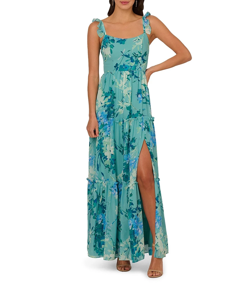 Adrianna Papell Floral Chiffon Square Neck Ruffle A-Line Maxi Dress