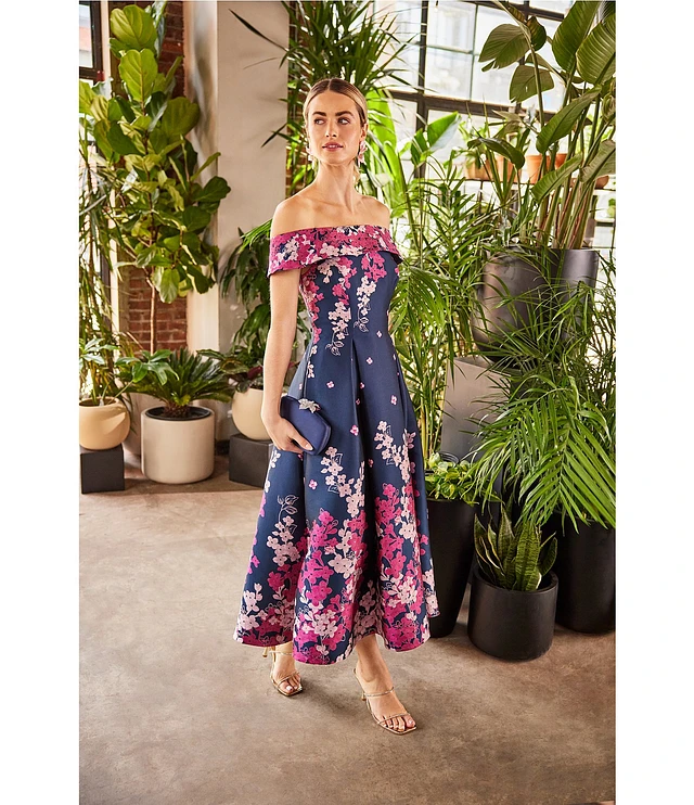 Adrianna Papell Floral Jacquard Off-the-Shoulder Fit and Flare Midi Dress | Brazos Mall Adrianna Papell Floral Jacquard Off-the-Shoulder Fit and Flare Midi Dress | Brazos Mall