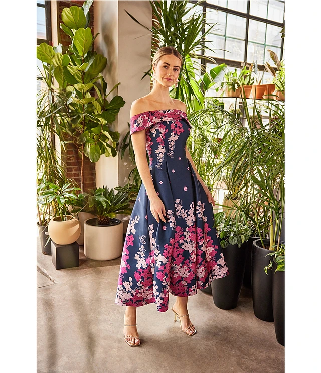 green emerald velvet dress Floral Jacquard Ankle Length Dress With Off The Shoulder Neckline In P