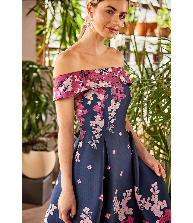 Adrianna Papell Floral Jacquard Off-the-Shoulder Fit and Flare Midi Dress | Brazos Mall Adrianna Papell Floral Jacquard Off-the-Shoulder Fit and Flare Midi Dress | Brazos Mall