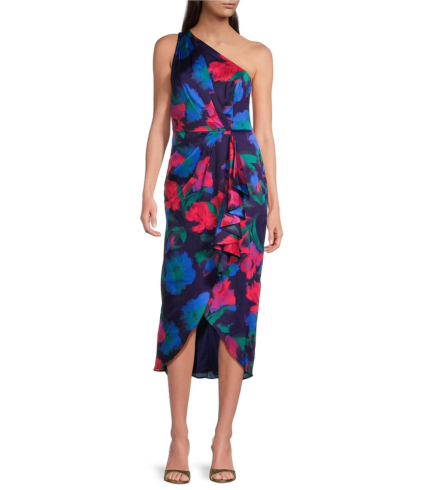 Adrianna Papell Floral Satin One Shoulder Sleeveless Ruffle Dress